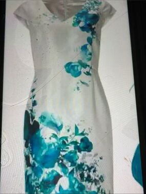 Jacques Vert - Floral Evening Dress, Silver Grey, Turquoise & Ocean Blue